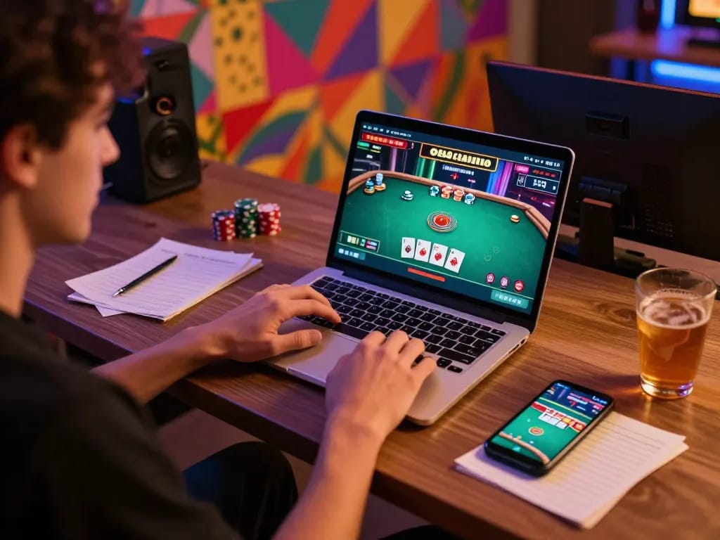 Excited user engaging in live poker game at O8casino on laptop, showcasing strategic gameplay.
