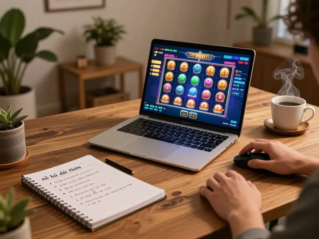 Engaging in nổ hũ đổi thưởng through online gaming setup with vibrant slot game interface