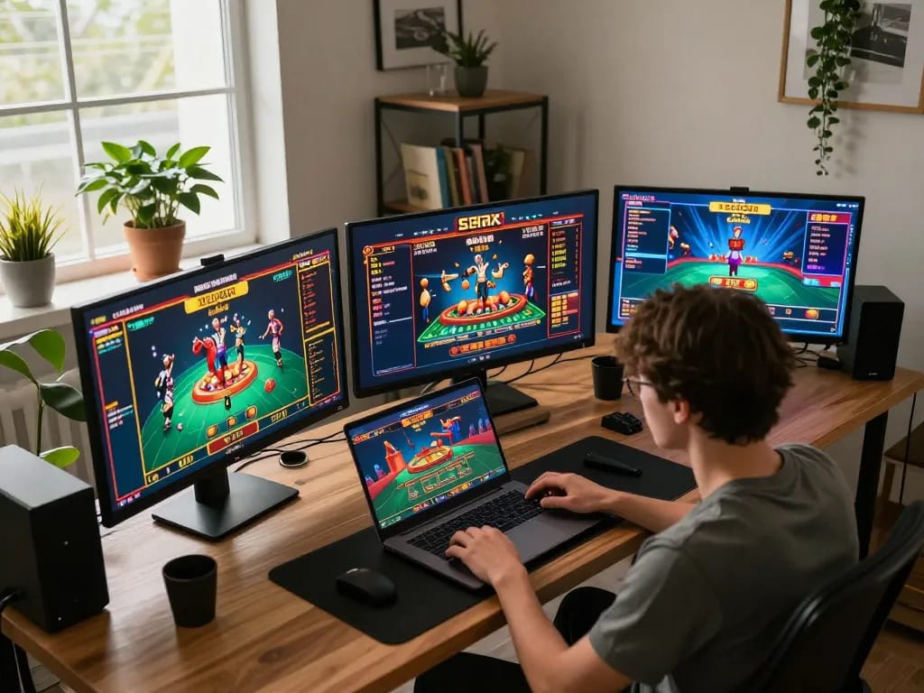 Engaging in 88aa casino gaming at home with multiple screens showing gameplay