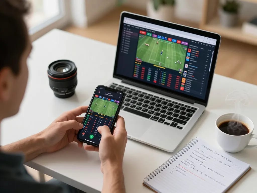 Engaging sports betting session with MMOO on smartphone and laptop in cozy home office