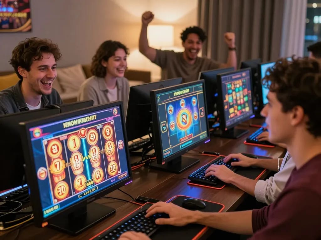 Players enjoying gameplay on the VENOM889 Alternatif platform, celebrating wins in a cozy home setting.