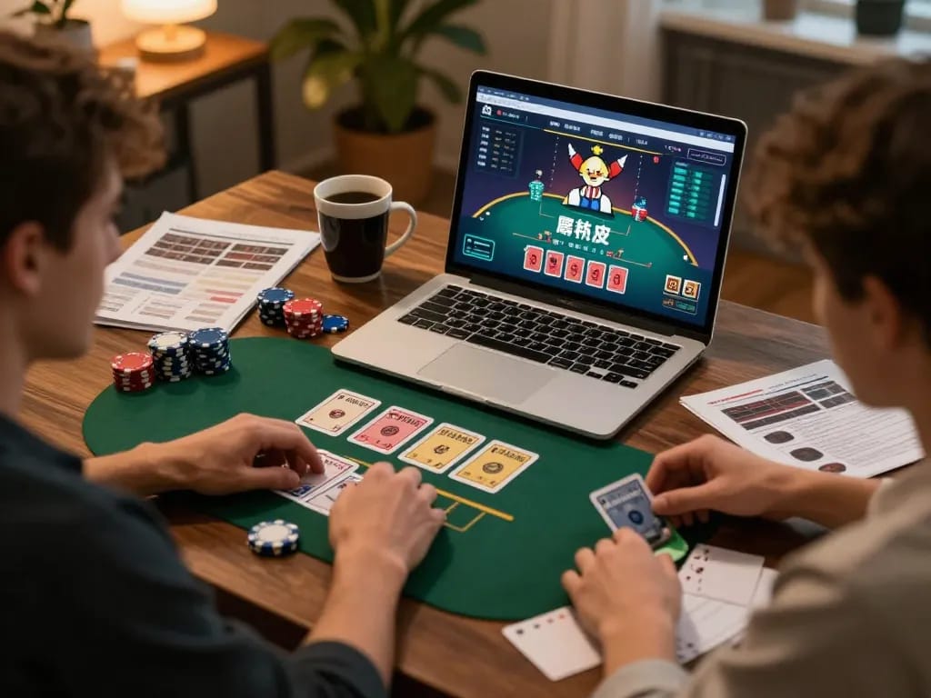 Players strategizing in a dynamic online blackjack game on LODE888 from a cozy home office setup.