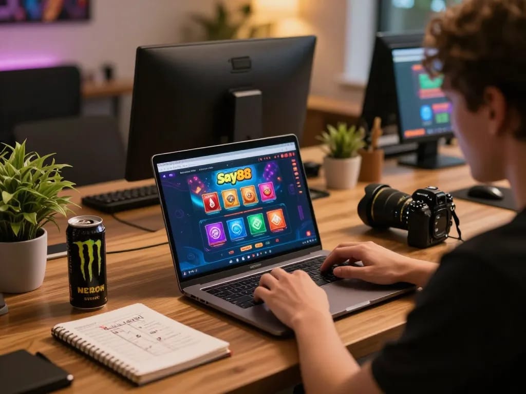 Engaging in online casino activities on Say88 com with vibrant graphics and cozy gaming setup