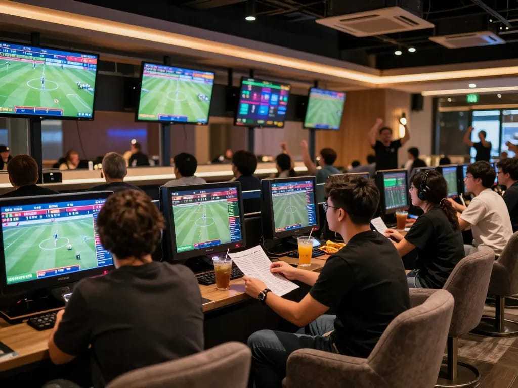 Tỷ lệ kèo nhà cái hôm nay: Excited bettors analyzing odds in a modern sports betting lounge.
