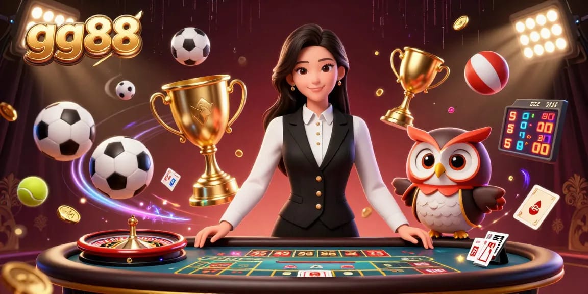 Win big with gg88 alongside a professional dealer and 3D sports elements in a vibrant casino illustration.