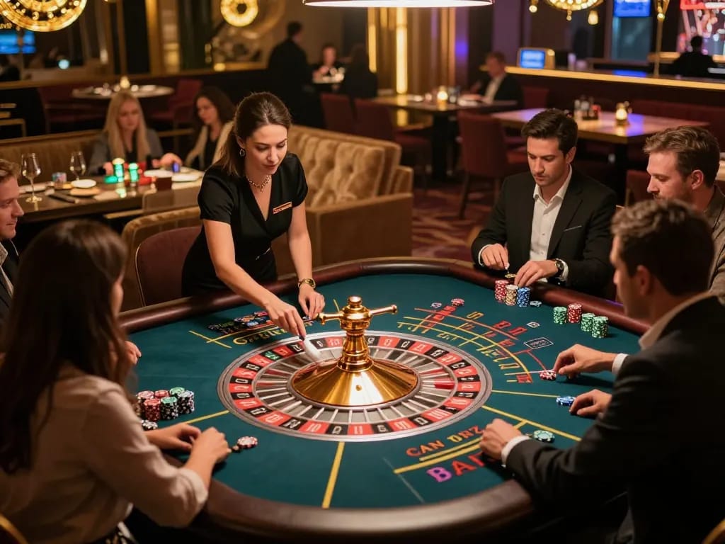 Engaging scene at https://kjc.events/ with players gathered around a roulette table, chips in play, vibrant casino atmosphere.