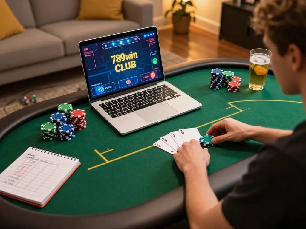 Player enjoying a poker game at 789win club with chips and strategy notes in a cozy home setting