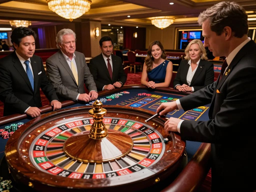 Players engaging with the roulette game at tg88 casino, focusing on the spinning wheel and colorful chips.