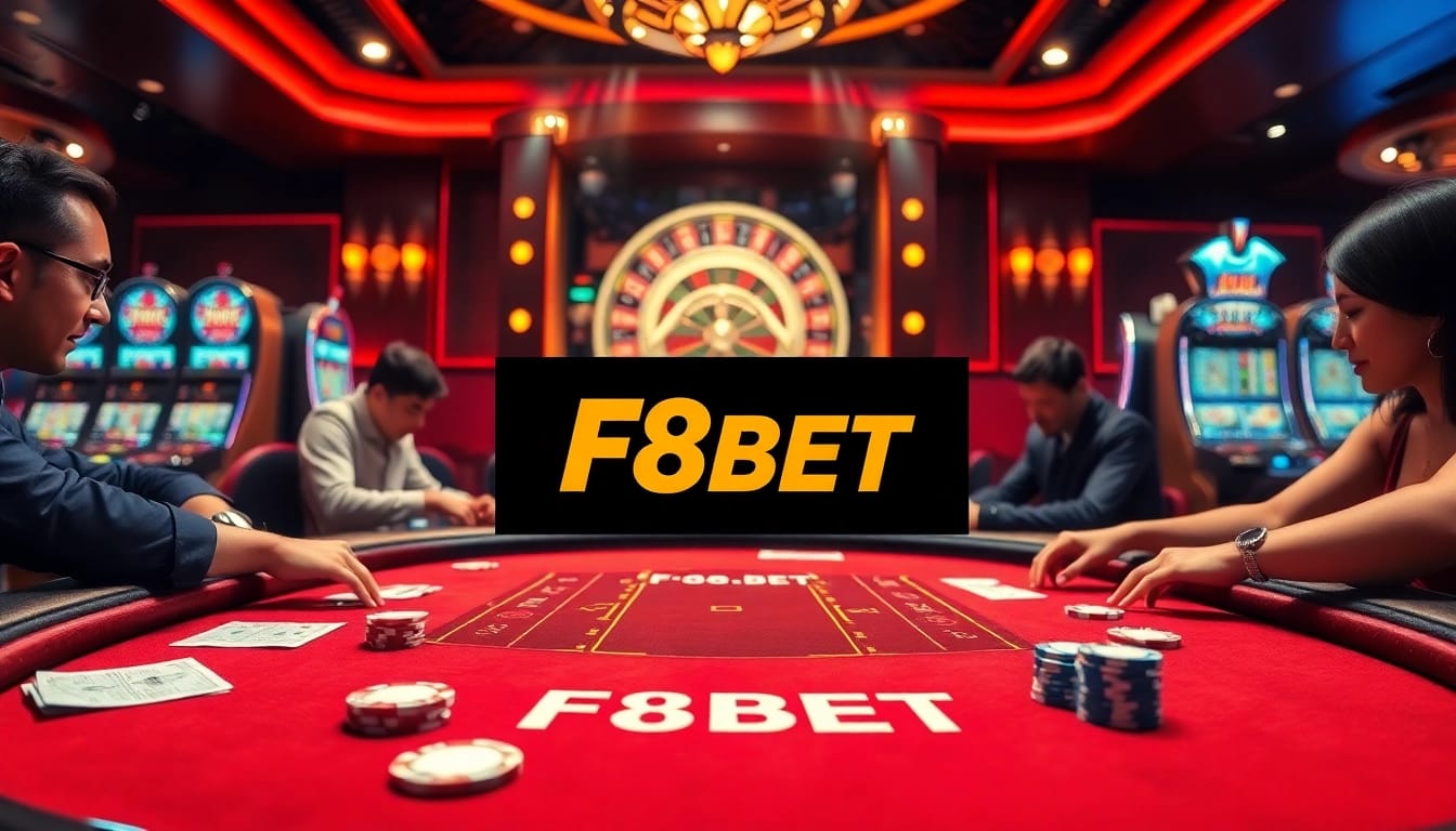 F8BET poker table setting showcasing excitement and luxury in online gambling.