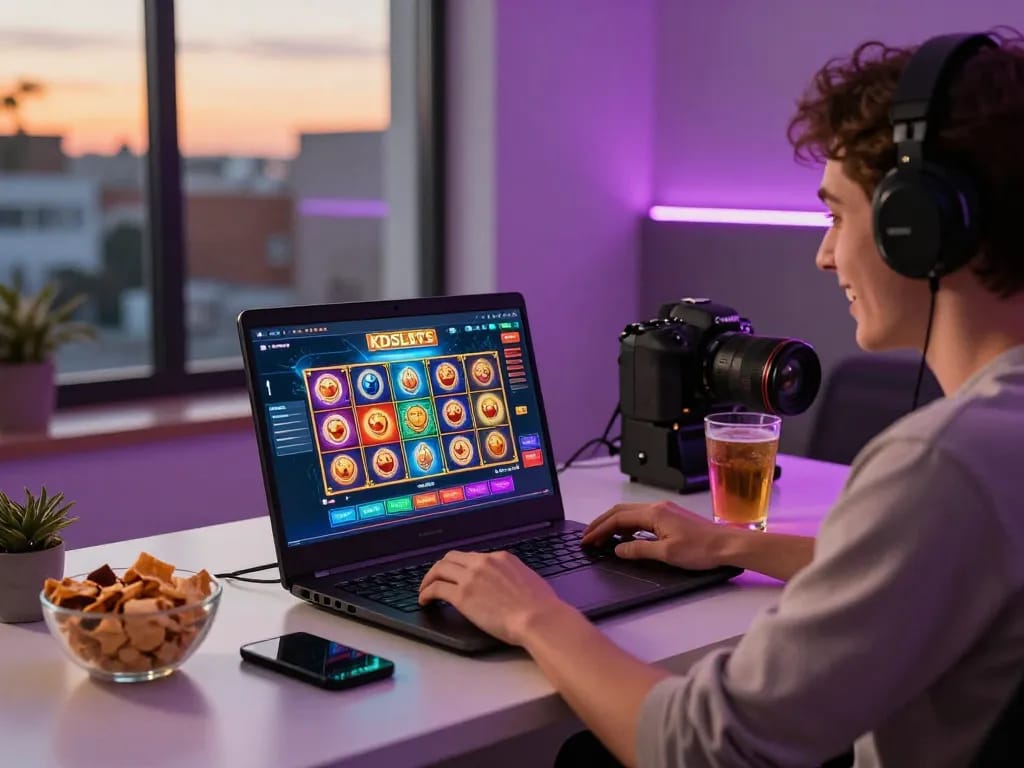 KDSlots gaming scene featuring an enthusiastic player engaging with the laptop showcasing vibrant slot games.