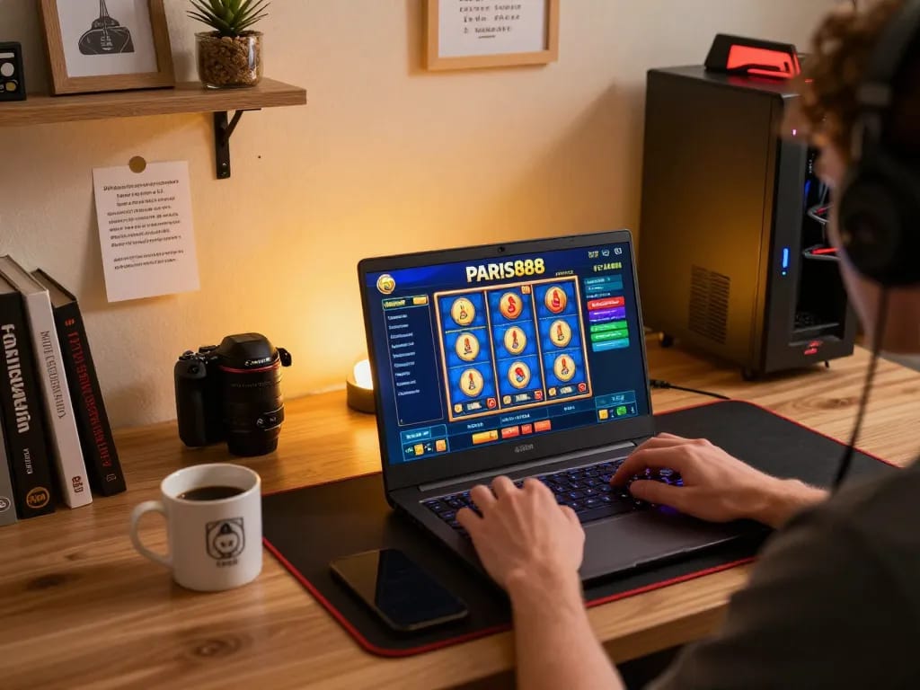 Engaging in a Paris888 online slot game, showcasing a vibrant desk setup with notes on responsible gambling.