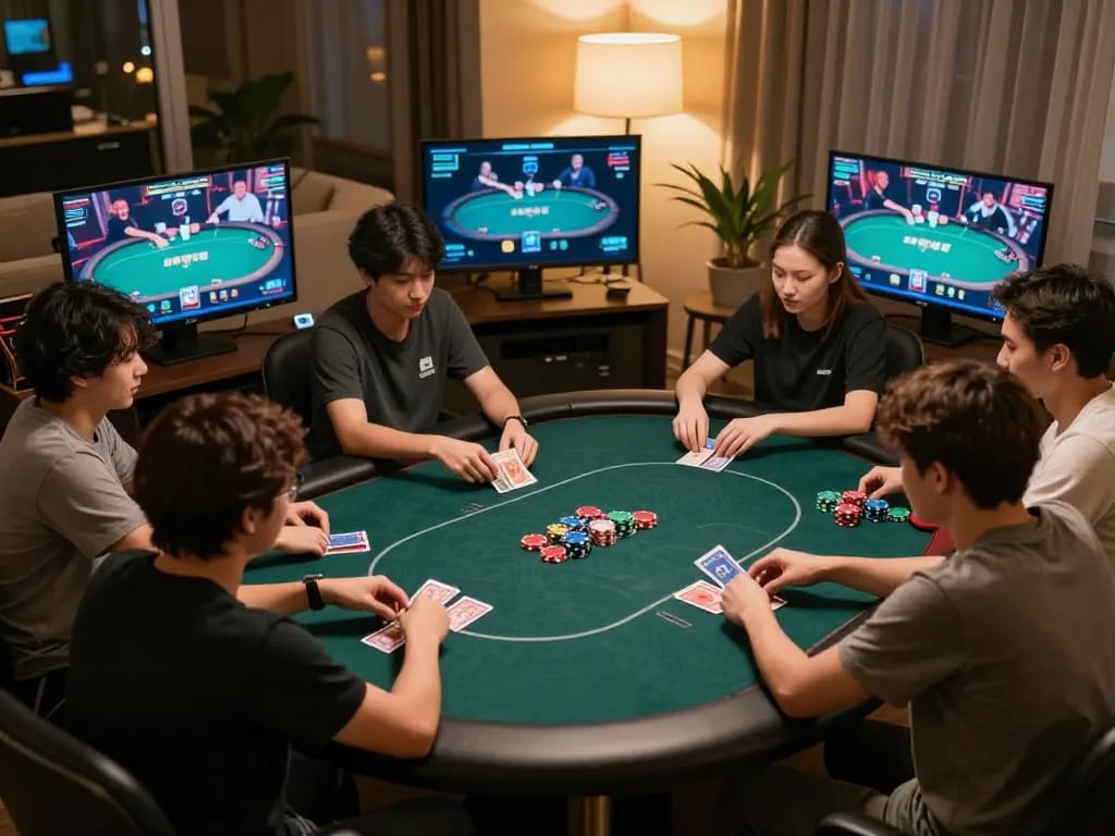 Bet88 players engaging in a thrilling online poker game with digital cards and chips.