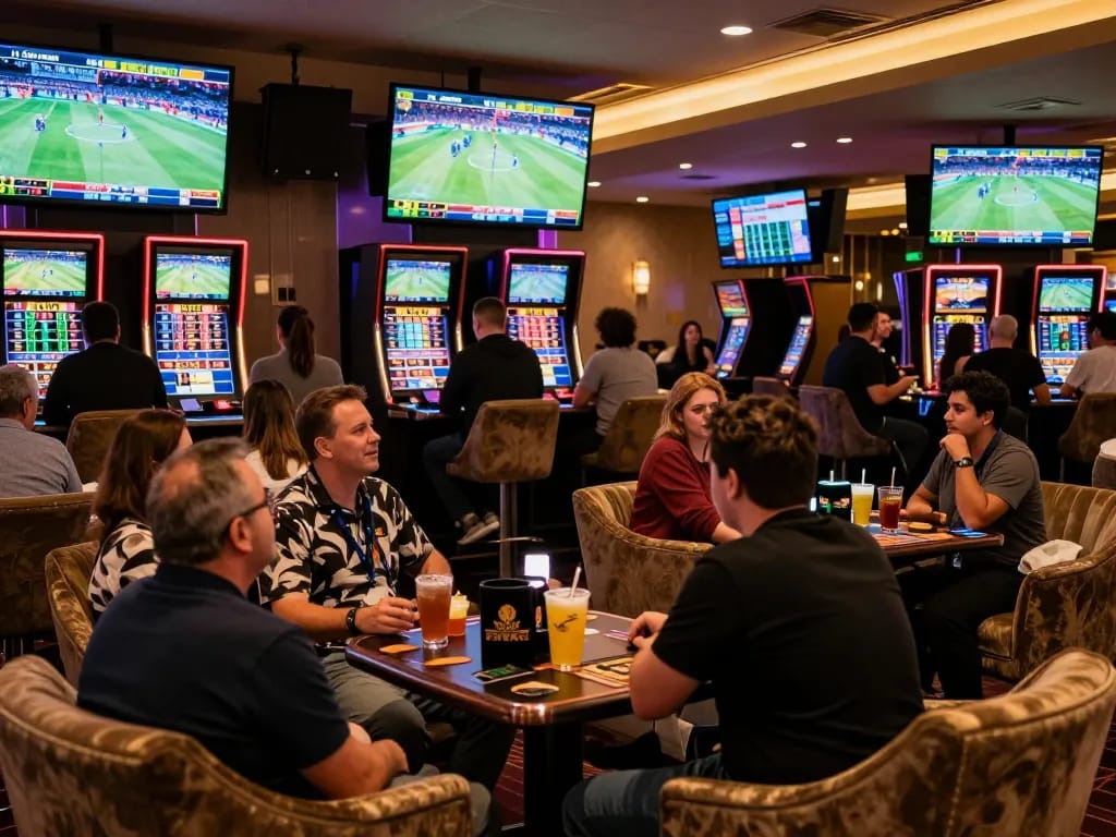 Patrons engage with sports betting at C168 casino, analyzing odds on various screens