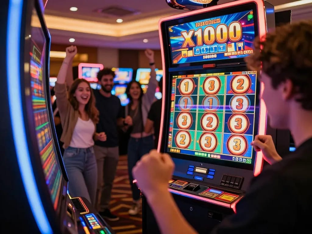Player celebrating a big win on Slot x1000 machine in a lively casino environment