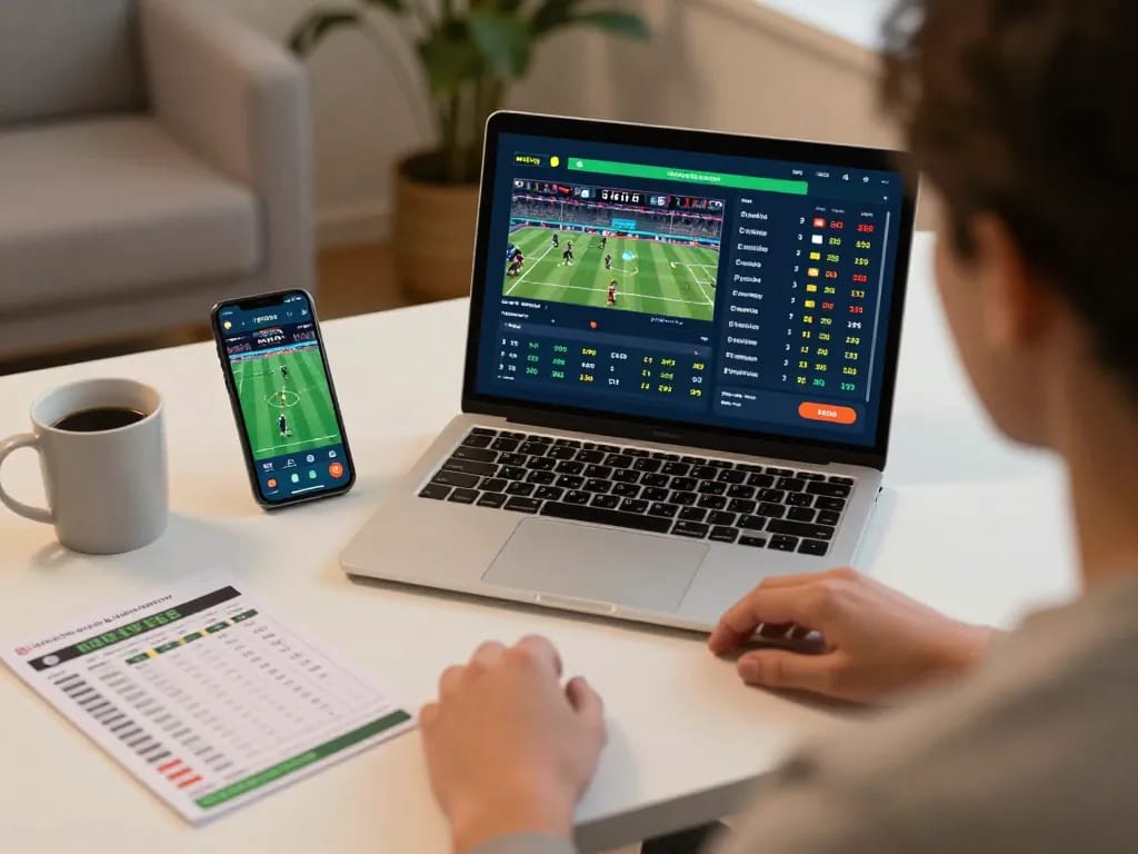 Engaged bettor using lu88 app to place sports bets in a cozy home office.