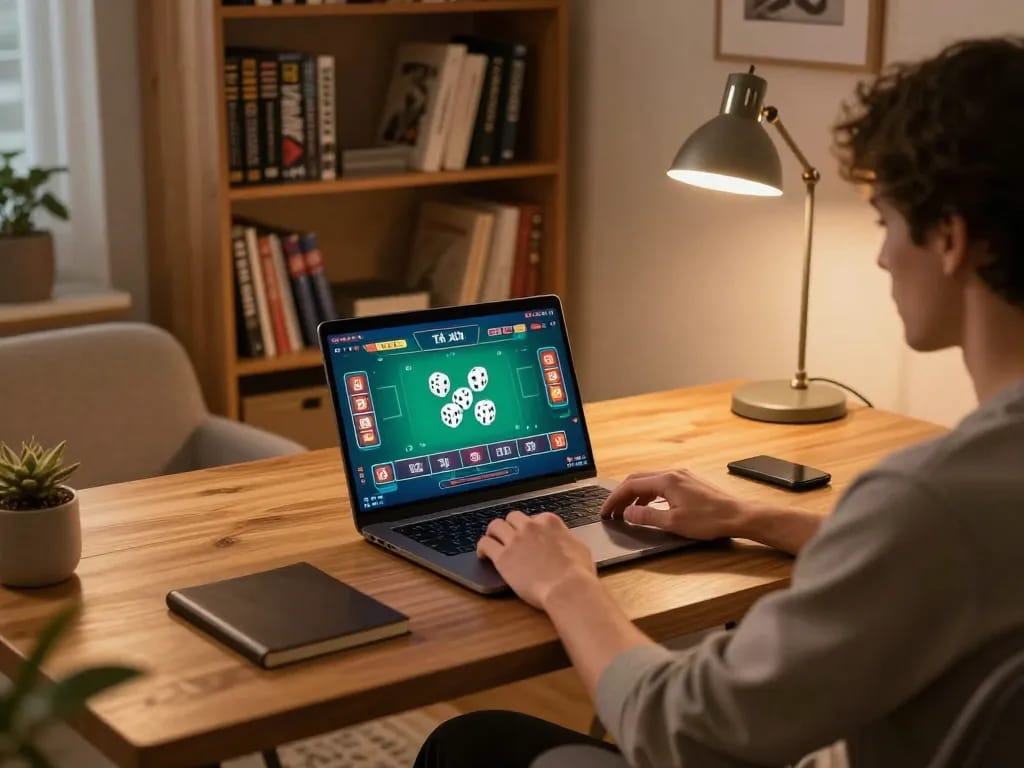 Tài xỉu online gaming experience on a laptop in a warm home office setting.