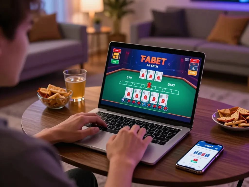 Engaging in FABET online live dealer games from a cozy home setup, laptop open showing live blackjack.
