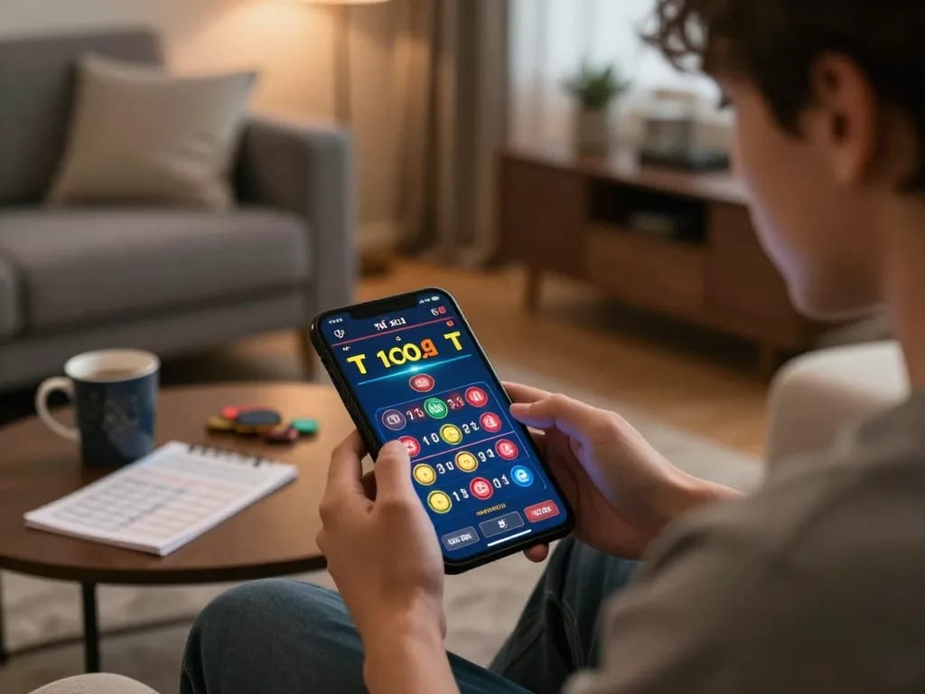 Tài xỉu online game being played on a mobile device in a cozy living room setting, highlighting strategic gameplay.