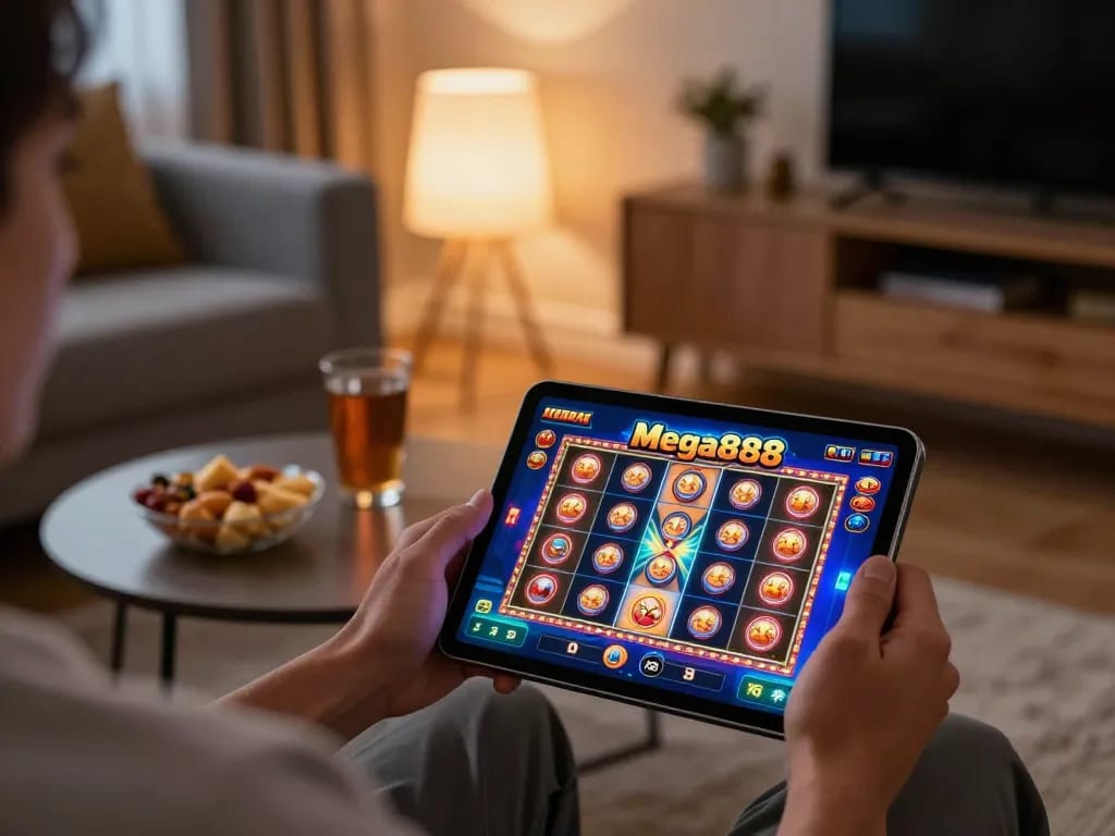 Laman web rasmi Mega888 dengan pengguna yang bermain permainan di tablet, menyoroti pengalaman permainan dalam talian yang ceria dalam suasana yang selesa