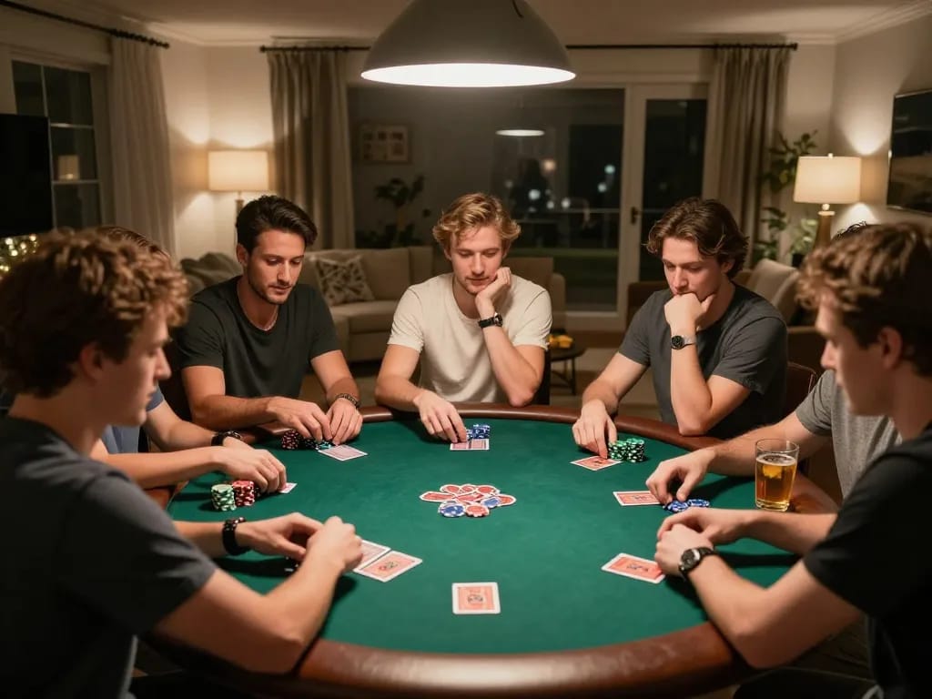 Friends enjoying a poker night at home, focusing on gameplay with rr88 strategies in mind.