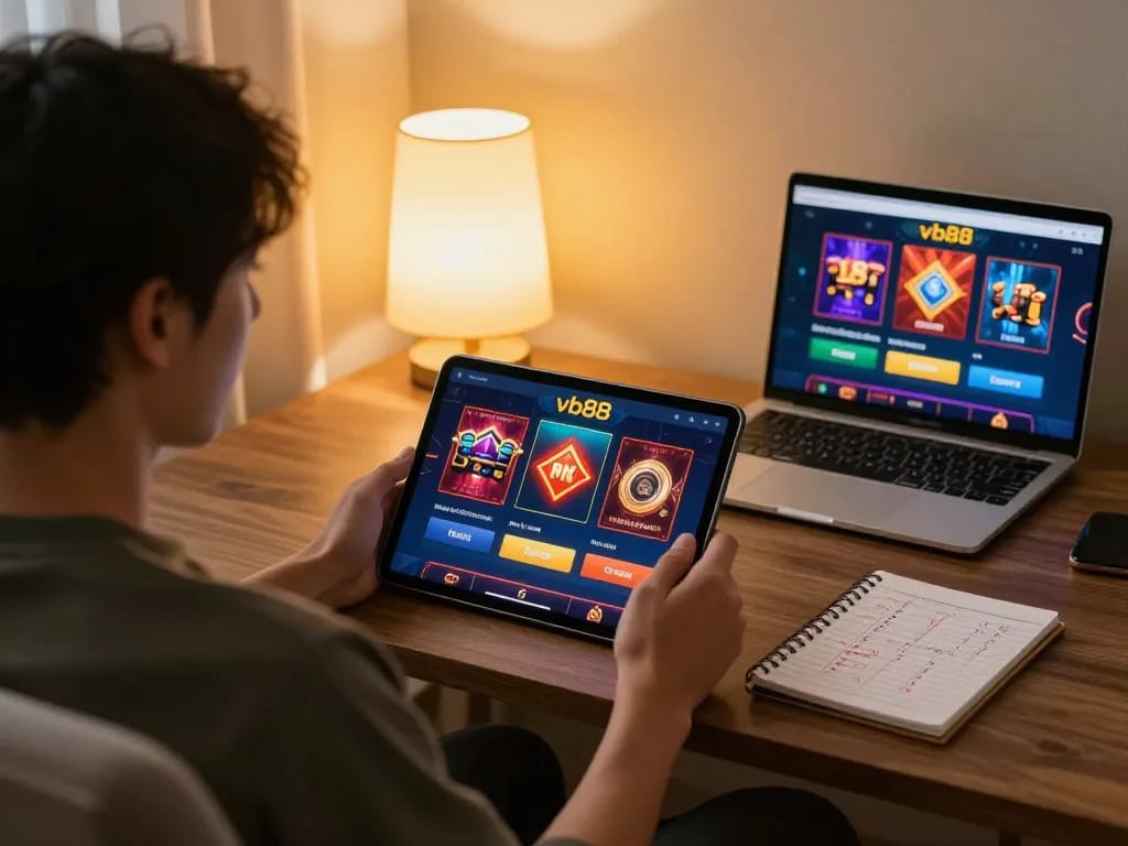 Enjoying online gambling with vb88 in a cozy home setting, focusing on tablet gameplay.