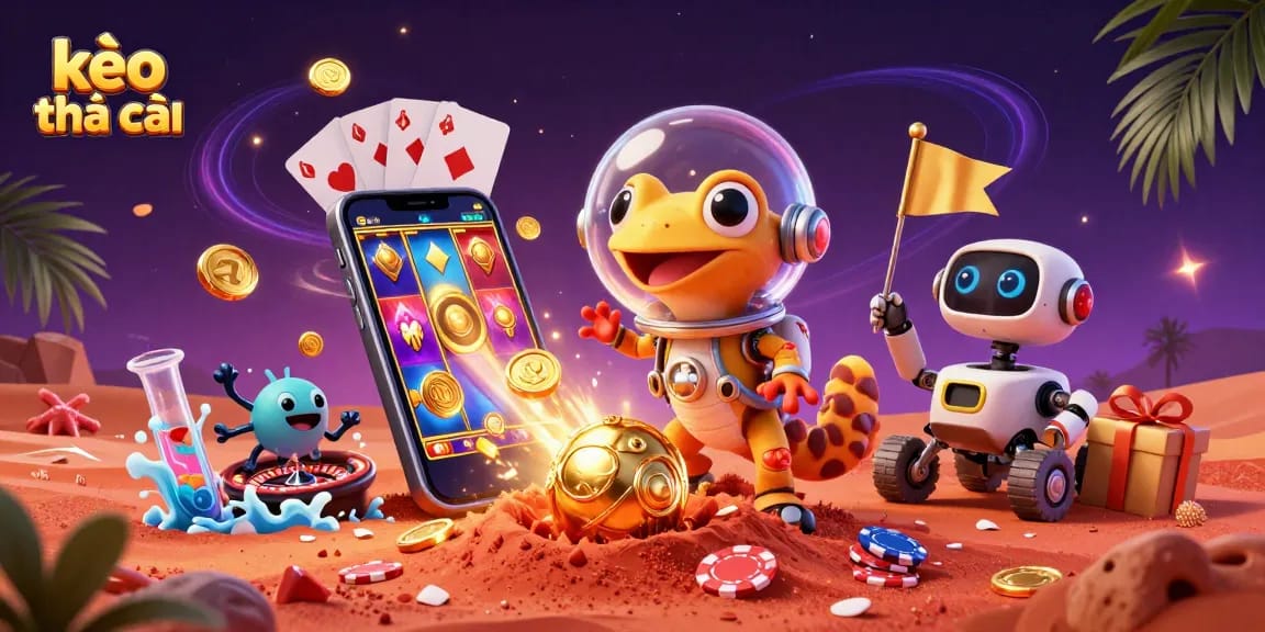 Engage with kèo nhà cái as a Martian gecko explores a golden casino, surrounded by vibrant gaming elements.