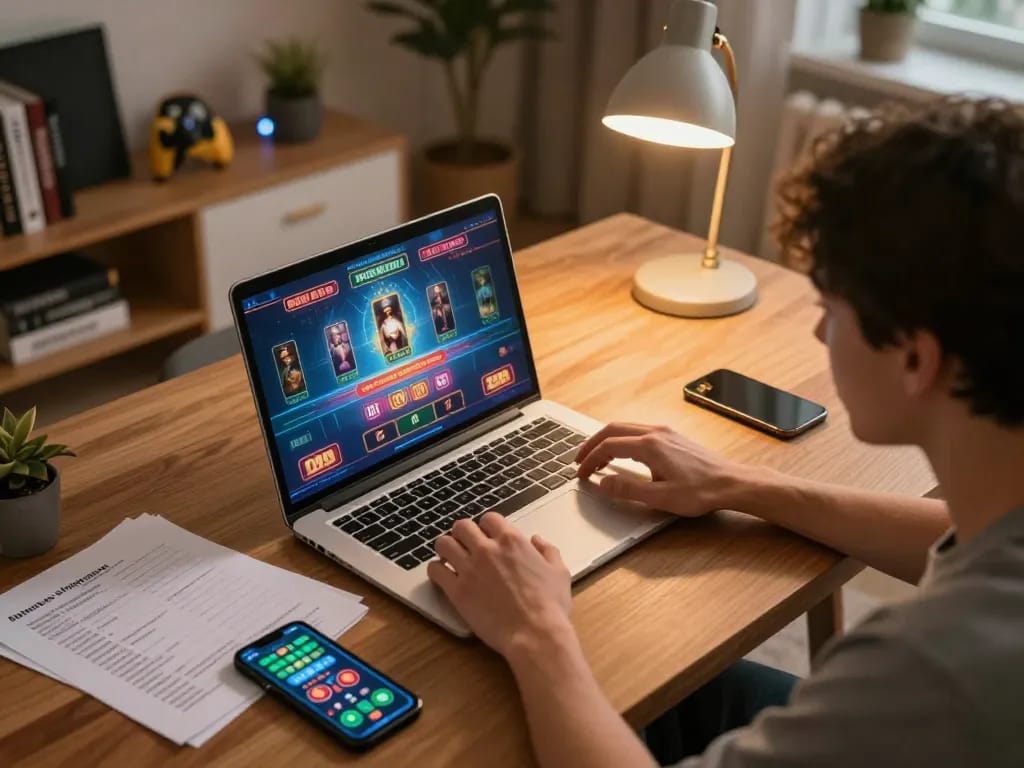 Engaging with online gambling on trang chủ 98win using a laptop, showcasing a cozy betting atmosphere.