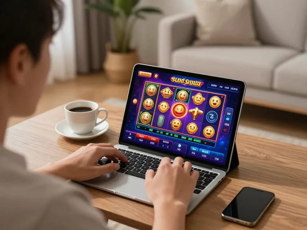 Engaged player using tablet for slot pulsa gaming in a cozy home environment