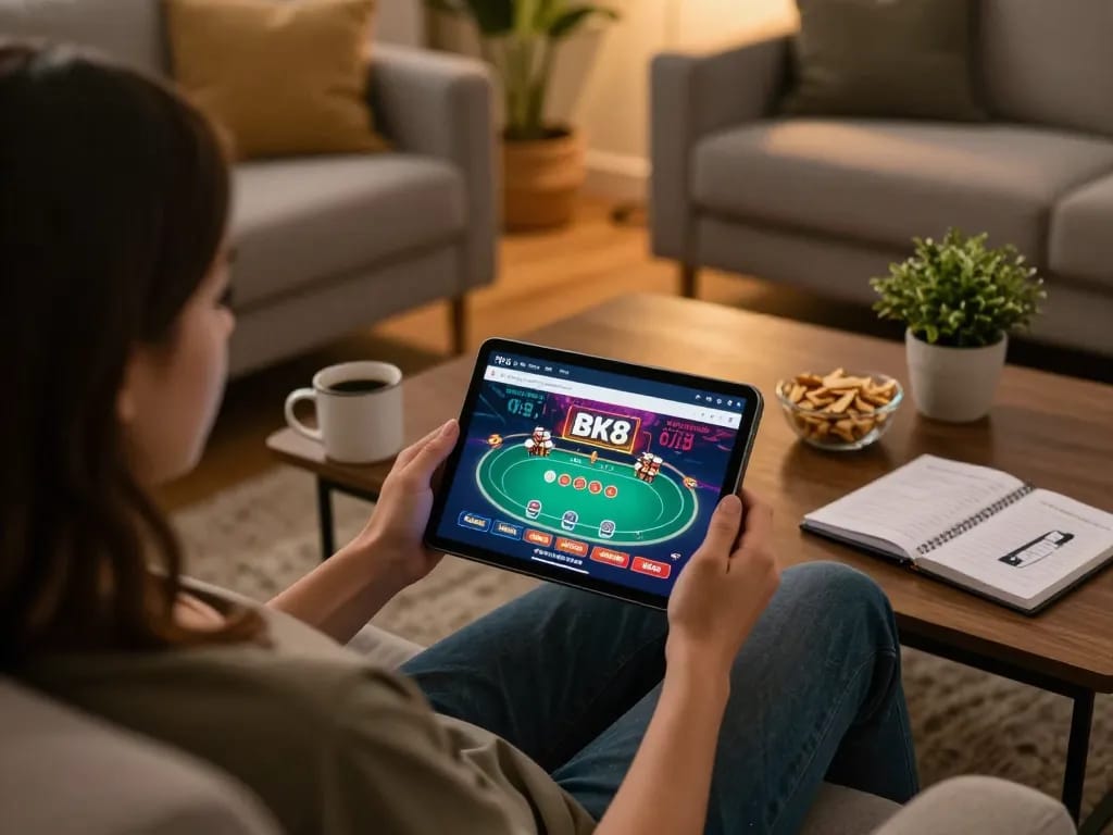Player engaging with BK8 online casino on tablet in a cozy home gaming setup.