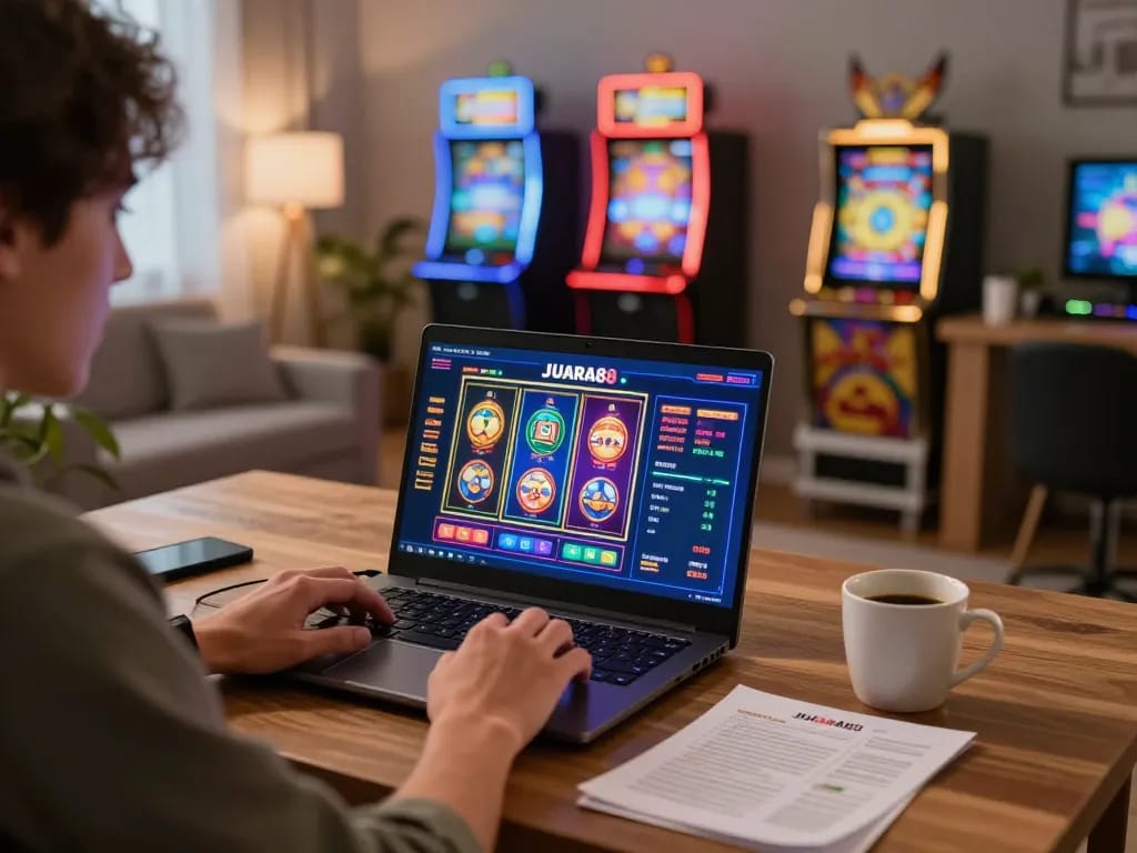Engaging with JUARA88 online gaming platform on a laptop, featuring colorful slot machines.