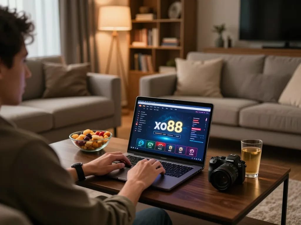 Engaging with the xo88 interface at home, showcasing online gaming excitement and comfort