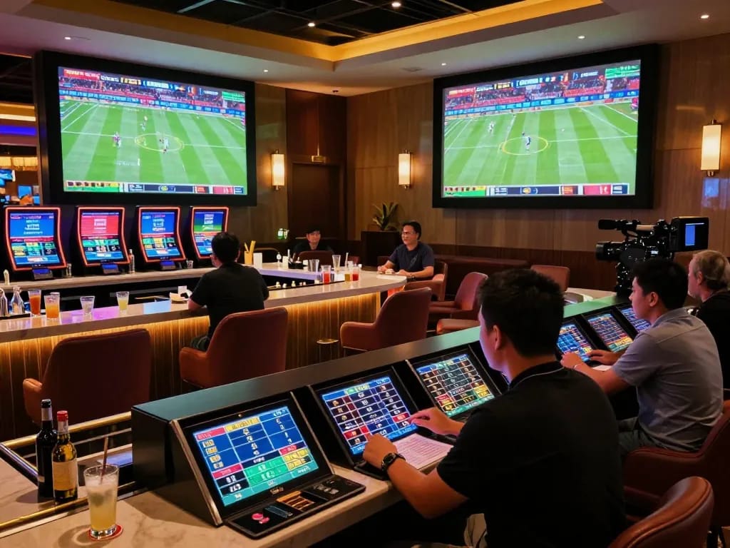 mm88 sports betting patrons analyzing odds in a vibrant lounge