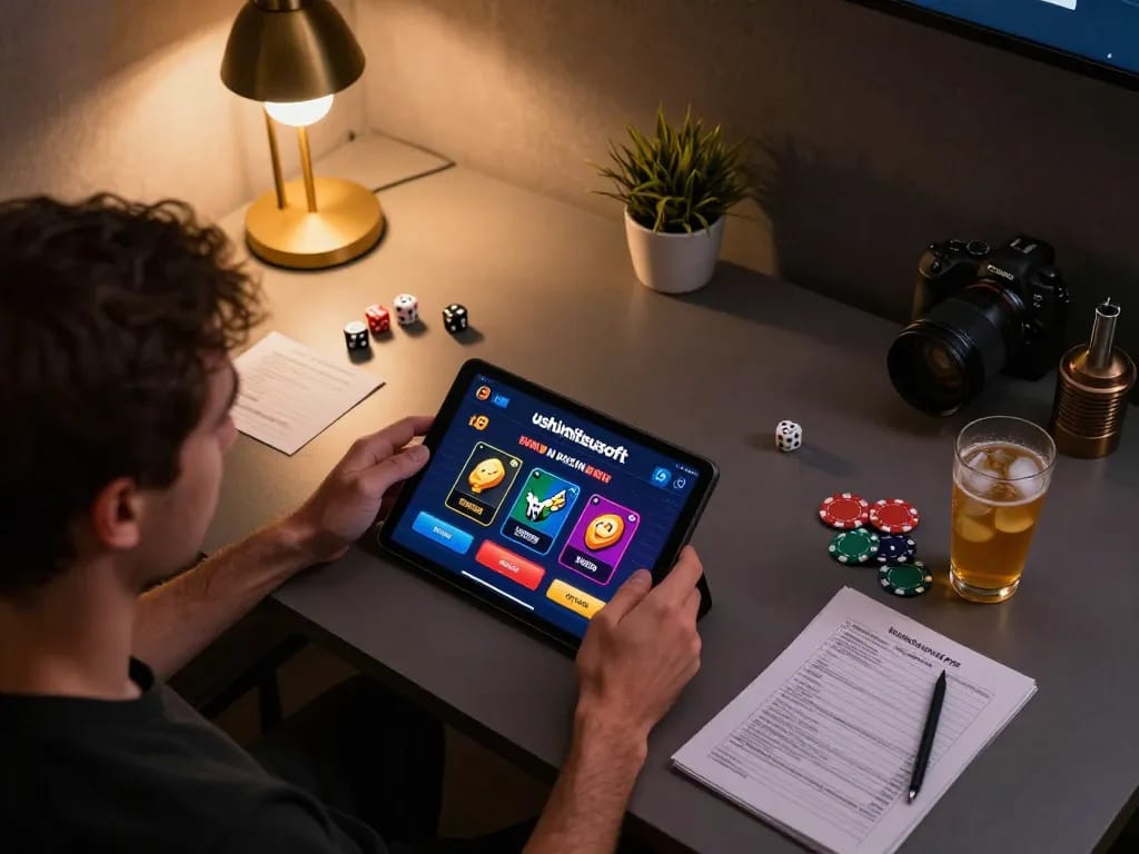 Player engaging with ushimitsusoft online casino interface on tablet, cozy gaming atmosphere with strategic notes in focus.