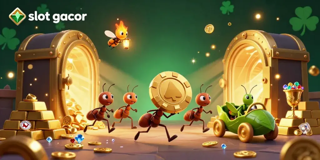 Engage in slot gacor adventures with a team of ants in a heist delivering a massive poker chip, surrounded by treasure.
