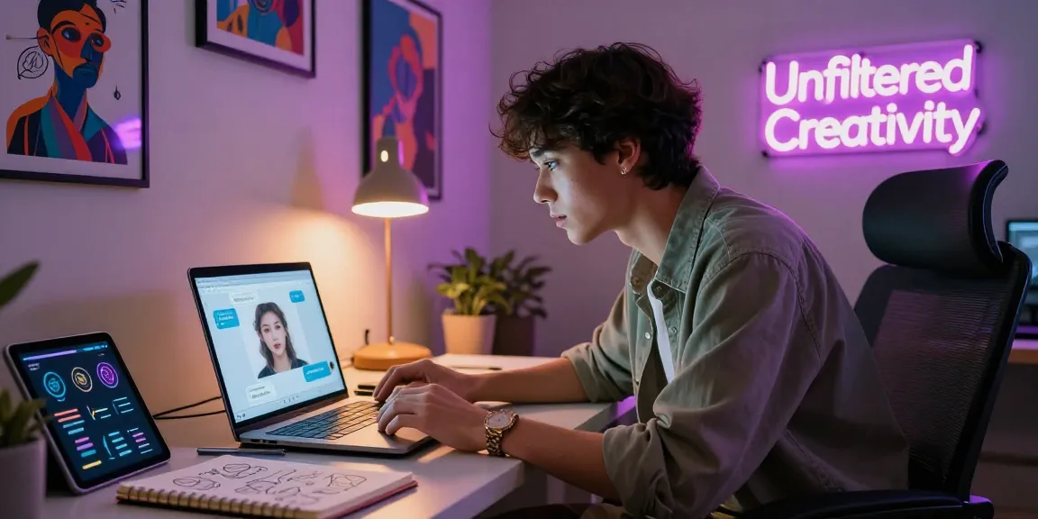Engaging with nsfw ai on a sleek laptop in a cozy, vibrant workspace filled with digital art.