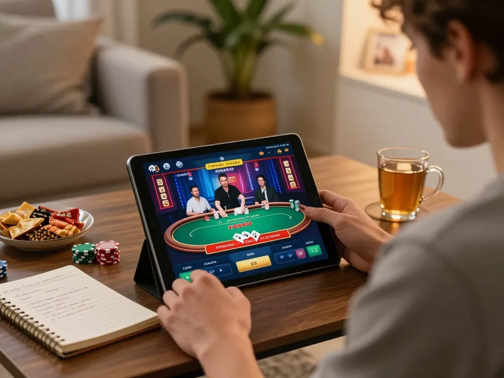 Engaged in casino utan svensk licens snabba uttag gameplay on tablet at home, surrounded by strategy notes.