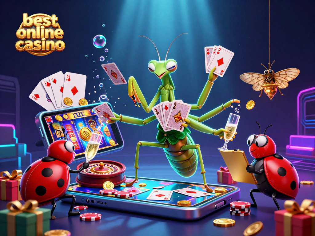 Engage with the best online casino action featuring a mantis dealer and vibrant gaming elements.