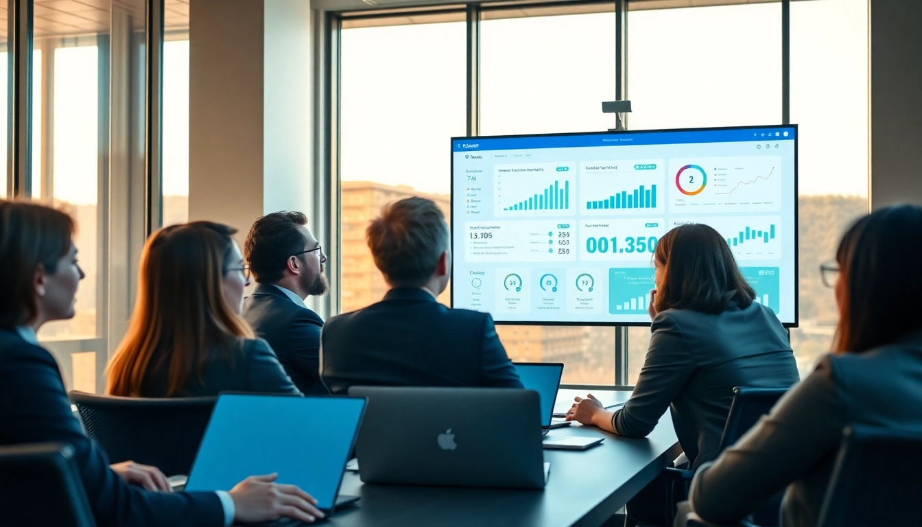Business professionals collaborating on a cloud based phone system in a modern office.