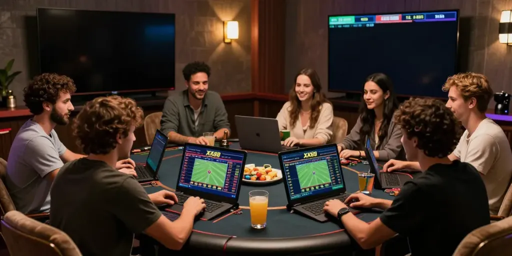 Diverse friends enjoying online betting at XX88 with live sports in the background