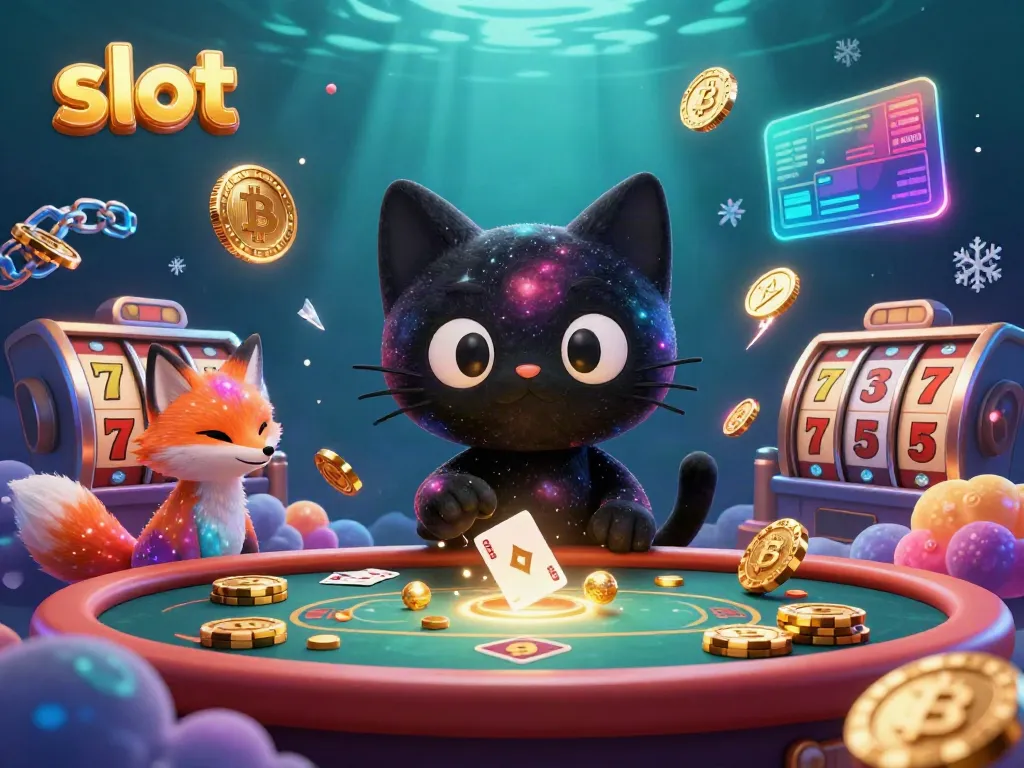 Permainan slot dengan kucing hitam yang menarik chip emas dan kartu di kasino kosmik.