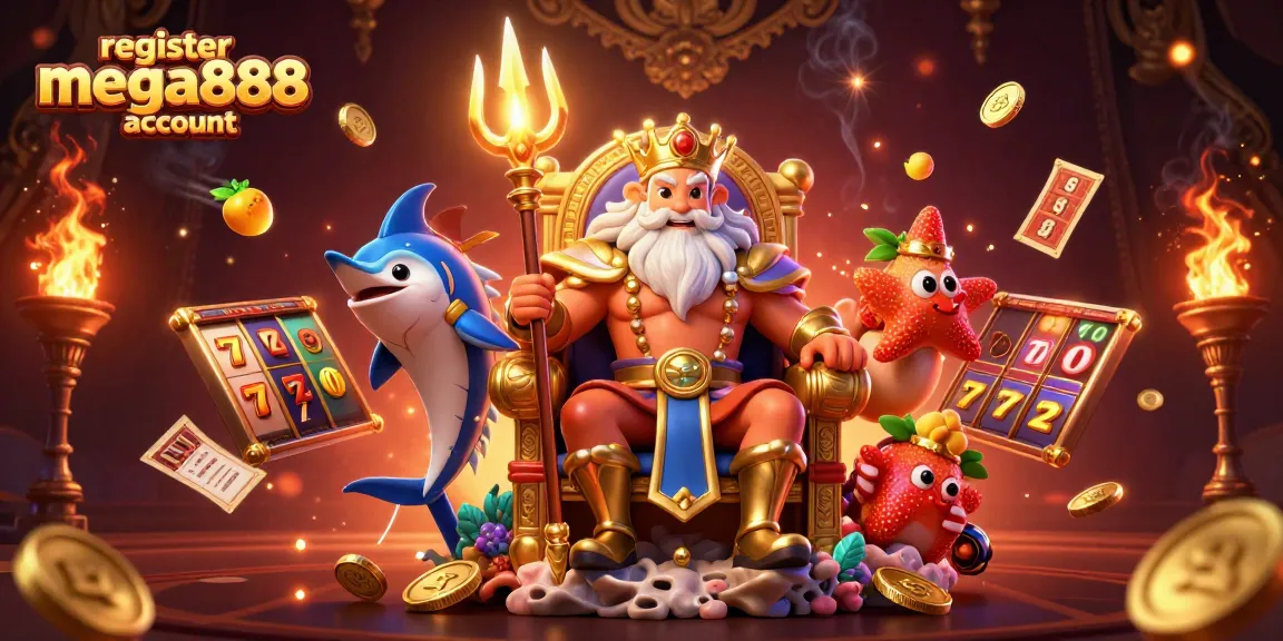Get ready to register mega888 account with this vibrant illustration of Neptune, slots, and more!