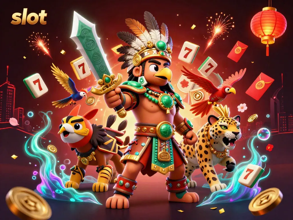 Spin the slot reels with vibrant 3D Aztec warriors amidst festive casino elements.