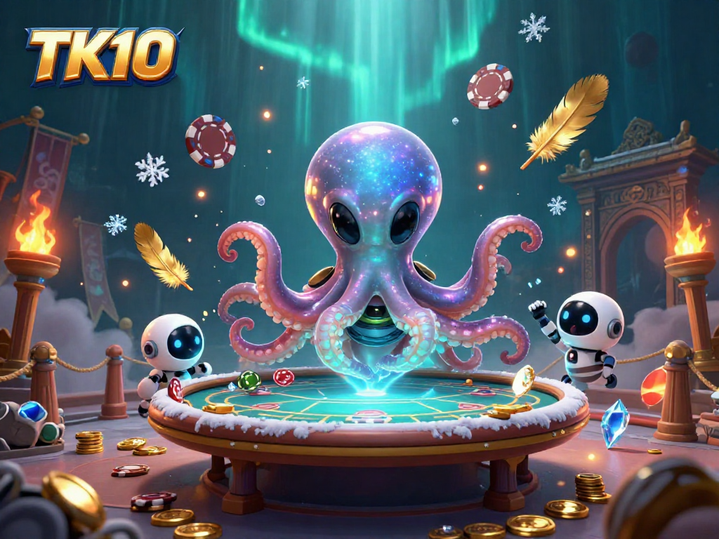 Join the excitement at TK10 with our alien octopus and robot in a dynamic casino scene!