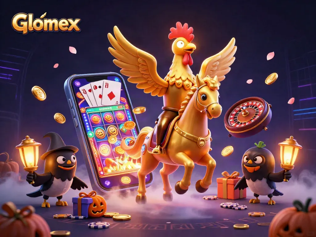 Glomex enhances gaming excitement with golden rooster and spectral horse in a vibrant casino scene.