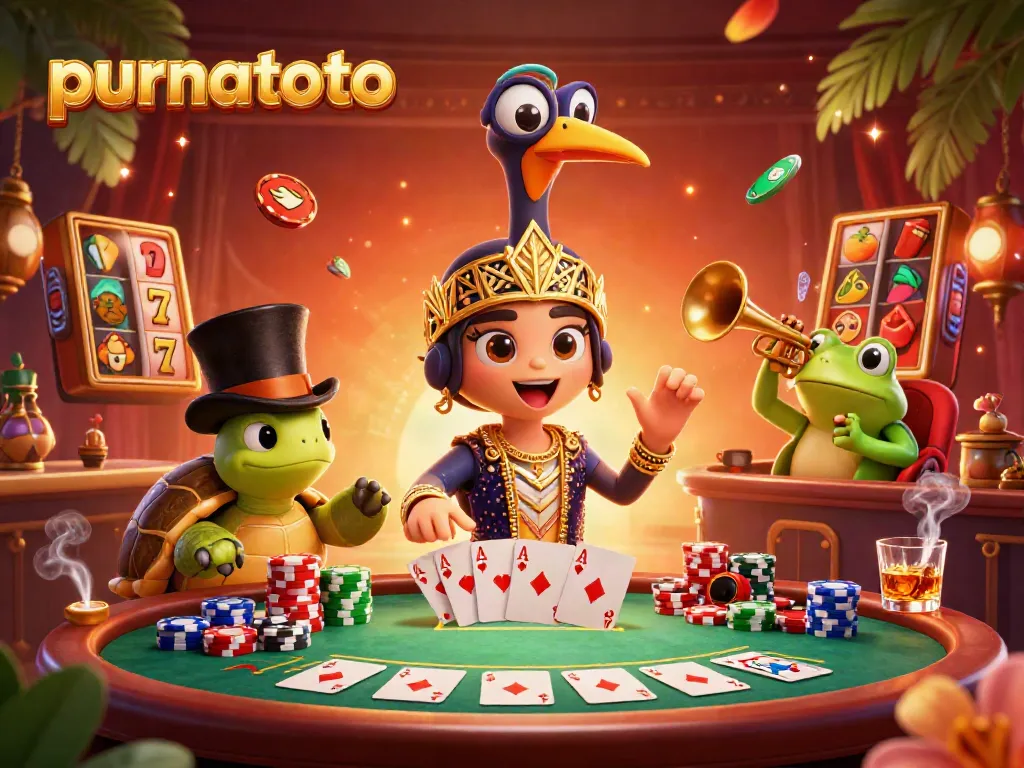 Merayakan kemenangan di purnatoto dengan ilustrasi 3D warna-warni dan detail permainan slot yang meriah.