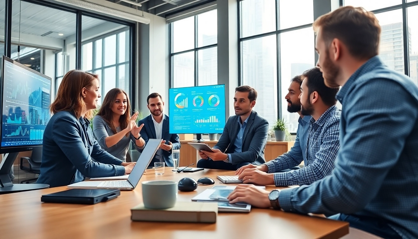 Team implementing supply chain planning solutions with modern technology in an office.