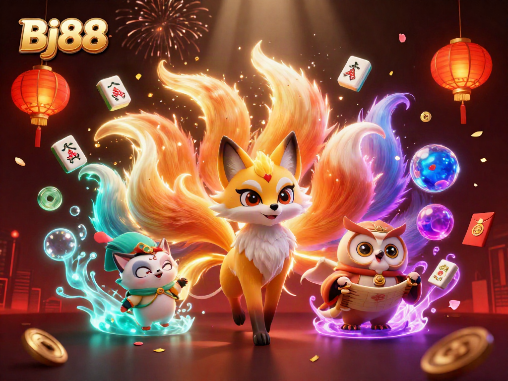 Bj88 Welcomes You with a vibrant scene featuring a 3D fox spirit and owl sage amid festive casino elements.