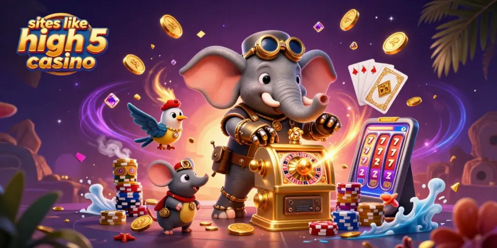 Experience thrilling action at sites like high 5 casino with dynamic slot machines, poker chips, and vibrant game elements.