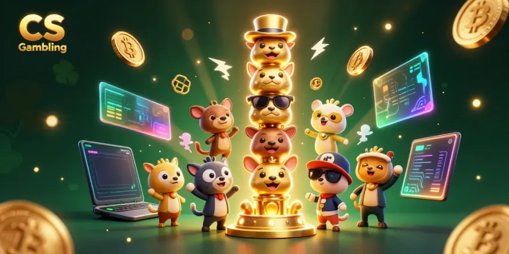 Engage in CS Gambling with a vibrant illustration of a totem pole and crypto elements