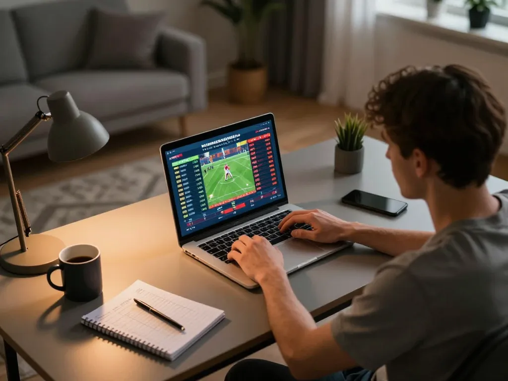 Engaging with live sports betting on a laptop at home, showcasing 88aa platform's features